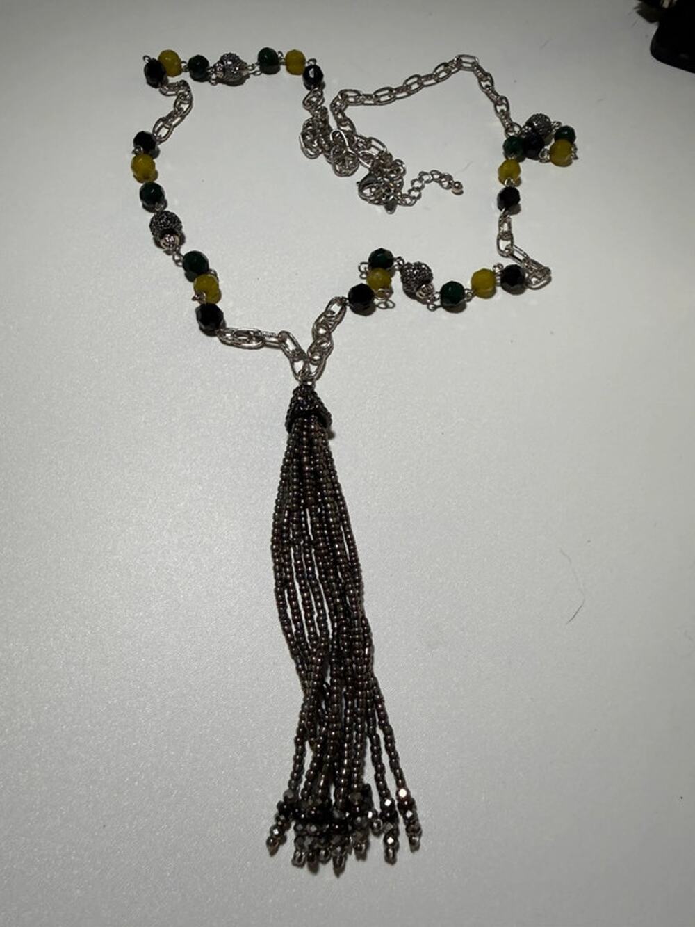 NY and Co silver tone long tassel beaded necklace 34-38”